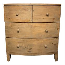 Rustic pine bow front chest, fitted with four drawers