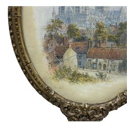 George Fall (British 1845-1925): Lincoln Cathedral, oval watercolour signed 24cm x 19cm