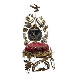 19th century French marriage throne 'Globe de Mariee', the floral gilt brass frame set with etched mirrors, porcelain flowers and red velvet cushion, H51cm 