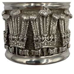 Silver cup of tapering form, the base formed as Prince of Wales feathers and engraved with initials H10cm Birmingham 1981 Maker Albert Edward Jones