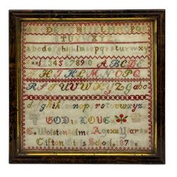 Late 19th century needlework sampler with alphabet with a decorative border by G.Wolstenhelms Age 12 years, Clifton Girls School' worked 1879 in lacquered frame 31cm x 32cm