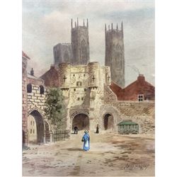 Alfred Durham (British early 20th century): Bootham Bar Before York Minster, watercolour signed together with F Bedford after Charles Wickes: The York Minster, reproduction lithograph and after Robert Morden (British c 1650-1703): The West Riding of Yorkshire, reproduction map max 50cm x 30cm (3)