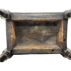 17th century oak joint coffin stool, moulded rectangular top over moulded frieze rails, pegged turned supports joined by plain stretchers
