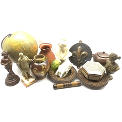 Philip's ten inch challenge globe, fleur-des-lys relief cast iron wall plaque, Savoy china crested tank, Cambridge ale jug, composite bust, bodkin case, two carved oak collection dishes etc