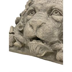 Composite lion mask wall mounted fountain, the agape jaws clutching an oak branch with extending leaves and acorns