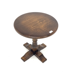'Royal oak' occasional table , circular top raised on turned column and cruciform base, carved with Yorkshire rose D46cm
