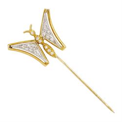 18ct white and yellow gold diamond butterfly stick pin, stamped