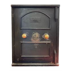 J. Hull. - large and heavy 19th century black painted cast iron safe, green painted interior with two drawers and shelf, with key, the plate inscribed 'J. Hull. Maker. 44 Underwood Street, Mile End, London.'