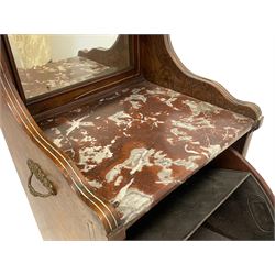 Late Victorian rosewood coal purdonium, the shaped moulded top with gilt metal gallery, bevelled mirror back over rouge and white variegated marble top, the palled fall front with satinwood and simulated ivory scrolling foliate inlay, on ceramic castors