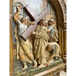 19th century French 'Stations of the Cross' hand painted plaster cast plaque, no. II 'Jésus est Chargé de sa Croix' (Jesus takes up his cross), with an architectural frame in a scumbled finish with lunettes over a foliate arch H110cm