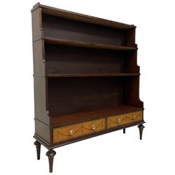 Sheraton Revival - 20th century mahogany waterfall open bookcase, four shelves over two drawers with satinwood front inlaid with bellflowers, on turned tapering feet