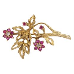 9ct gold ruby and diamond flower brooch, hallmarked