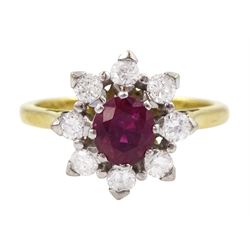 18ct gold oval cut ruby and round brilliant cut diamond cluster ring, London 1962