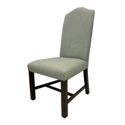 Set twelve (10+2) beech framed dining chairs, high back with serpentine top, upholstered in pale teal fabric with neutral removable covers in various shades