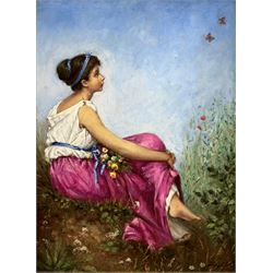 English School (20th Century): Country Girl Seated Amongst Floral Bank, oil on board signed 'Pap' 40cm x 29cm
