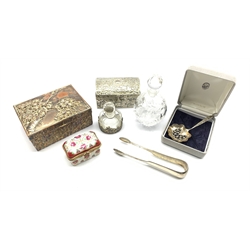 George IV silver sugar tongs by John Zeigler, Edinburgh 1813, Art Nouveau design silver tea strainer, porcelain trinket box, two glass scent bottles, Japanese silver-plated box with bamboo embossed design etc 