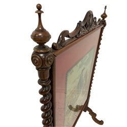 Victorian fire screen, the rosewood frame with spiral turned columns surmounted with finials surrounding wool-work panel depicting Scottish gamekeeper 