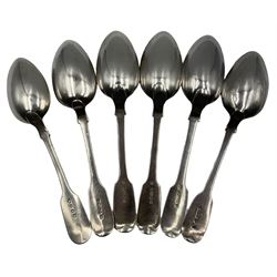 Three Victorian Irish silver fiddle pattern dessert spoons Dublin 1878, another 1859 and two other dessert spoons (6)
