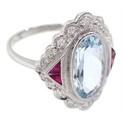 18ct white gold oval aquamarine and diamond cluster ring, the aquamarine set with four calibre cut rubies either side, stamped 18K, aquamarine approx 2.20 carat