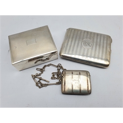 Small engine turned silver cigarette box 8cm x 7cm Birmingham 1958, silver cigarette case Birmingham 1913 and a silver vesta case 