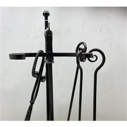 20th century wrought iron fire tidy comprising shovel, tongs, brush and poker