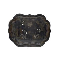 19th century black lacquer papier mache tray of lobed oval form decorated with a landscape and shell inlay, L80cm 