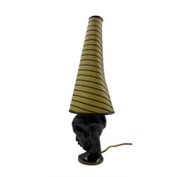 1960s Dartmouth Pottery table lamp in the form of a female head with conical striped shade, H58cm overall