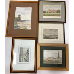 Andrew Scott-Martin (British contemporary): Sunset and Trees, three framed photographs together with  After David Scott-Martin (British contemporary): collection eleven small framed prints max 28cm x 39cm together with A Burnside (British 20th century): Ruined Lighthouse, watercolour signed; L Thompson (British 20th century): River Cathedral View, watercolour signed together with Venecian watercolour and two prints max 26cm x 18cm (19)