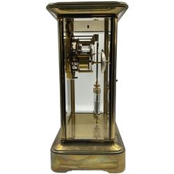 French - late 19th century 8-day four glass clock c 1890, with four rectangular bevel glass panels, two part enamel dial with a visible Brocot deadbeat escapement and jewelled cornelian pallets, Roman numerals, minute markers and steel moon hands, two train rack striking movement with a twin-file mercury filled pendulum, striking the hours and half hours on a bell. 