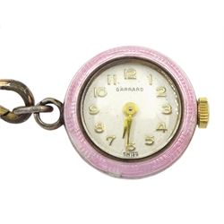Garrard silver-gilt and pink guilloche enamel ladies fob watch, on matching brooch, London import mark 1956, with Swiss duck hallmark