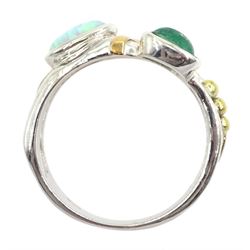 Silver and 14ct gold wire opal and emerald ring, stamped 925