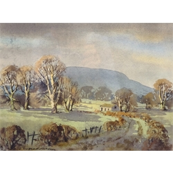 E Charles Simpson (British 1915-2007): 'Dead Elms with Penhill, near Wensley', watercolour signed, titled and dated 1984 on artist's address label verso 27cm x 36cm