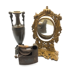 Box iron marked 'Victoria Registered', bronzed effect vase of classical design H45cm and a painted iron swing toilet mirror 