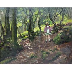 Charles H H Burleigh (British 1875-1956): Girl Walking Through the Woods, oil on canvas signed 41cm x 51cm