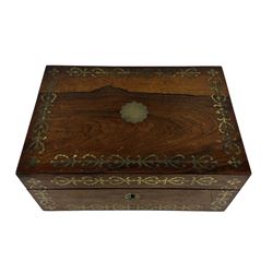 Victorian rosewood sewing box, of rectangular form with brass escutcheon and inlaid brass scrolling decoration to the hinged cover and front, opening to reveal a blue lined and fitted interior containing various sewing implements and haberdashery, W28cm, H12cm, D19.5cm