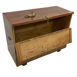 Early 20th century century Korean brass bound elm morijang or cabinet, fall-front cupboard enclosing three small drawers over large compartment, the brass fittings engraved with foliate patterns, with heavy brass lock in the form of a fish