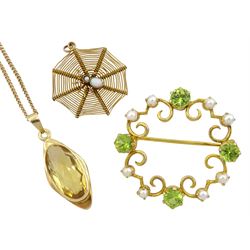 Gold opal and seed pearl spider web pendant, gold peridot and pearl circular brooch and an oval citrine pendant necklace, all 9ct