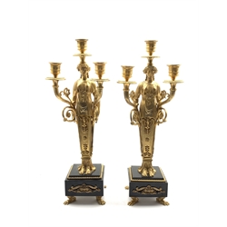  Pair of Empire design three branch table lamps with classical figural columns on square marble bases H45cm  