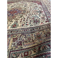 Vintage Persian Tabriz rug, traditional Tabriz geometric design on ivory field with red spandrels 