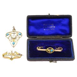 Early 20th century 9ct gold turquoise and split pearl openwork pendant, 9ct gold bird brooch, maker's mark RJW (probably Richard John Wakefield) and a 15ct gold turquoise leaf soldered onto a rolled gold bar brooch, all stamped or tested 