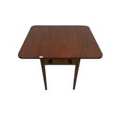 Late 19th century mahogany Pembroke table, rectangular drop-lead top with reeded edge, fitted with single drawer, raised on square tapering supports 