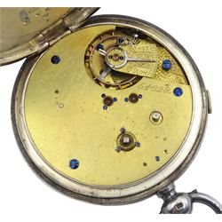 Victorian silver open face, key wound centre seconds chronograph pocket watch, No. 54629,  capped jewels to the centre wheel, white/cream enamel dial with Roman numerals, case makers mark J.F, Chester 1884