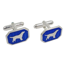 Pair of silver and blue enamel dog cufflinks, hallmarked