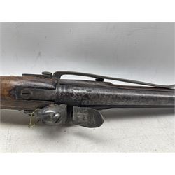 Early 19th century flintlock sea pistol , the steel barrel with a name, possibly S Tills, the lock plate marked 'Brander & Potts', steel belt hook and ram rod, walnut stock carved with initials and brass butt cap total length 48cm.  Formerly the property of Sir Robert Craven