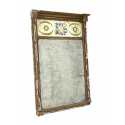 Regency giltwood and gesso pier glass, the bevelled mirror plate surmounted by a reverse painted glass panel and flanked by fluted half round pilasters 53cm x 82cm 