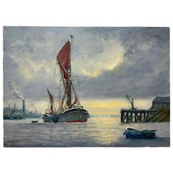 Jack Rigg (British 1927-): 'Sailing Barge Reminder' by the Docks, oil on canvas signed and dated 2015, titled verso 40cm x 56cm (unframed)