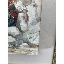 Achille Buzzi (Italian 19th Century): Women Resting on Rocks beside Italianate Villa, pair watercolours signed 35cm x 24cm (2)