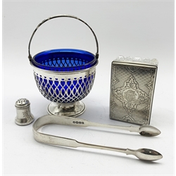 American sterling sugar basket with blue glass liner by Frank Whiting & Co., Victorian glass dressing table box with silver cover London 1859 Maker James Vickery, pair of George IV silver sugar tongs and a small American pepperette by Gorham