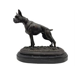 After Pierre-Jules Mêne, bronze figure of boxer dog stood in alert pose with ears up in naturalistic setting, mounted on onyx base H28cm
