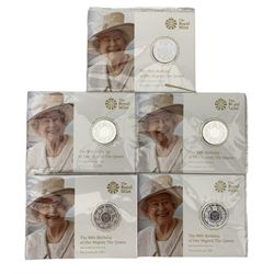Five Queen Elizabeth II 2016 'The 90th Birthday of Her majesty The Queen' fine silver twenty pound coins, each on card